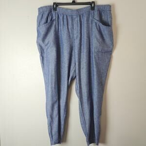 Old Navy Women's Linen Blend Pants Blue Chambray Pull On Tapered Leg XXL
